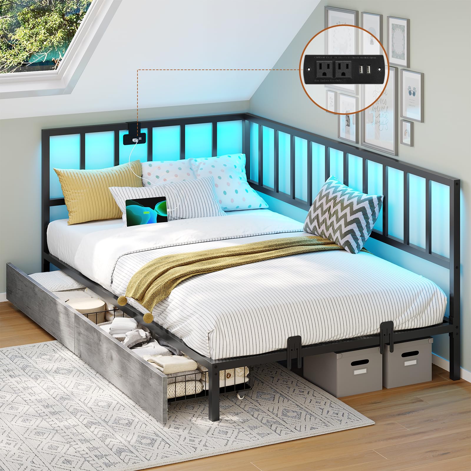 Frhnenha Twin XL Corner Bed Frame with LED Lights and